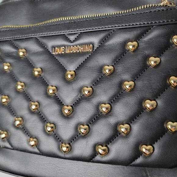 Love Moschino Black Studded Quilted Handbag Gold Chain Purse Heart Details Vegan - Picture 2 of 12